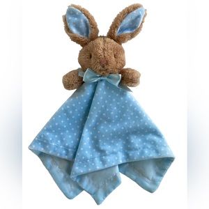 Dan Dee MTY Brown Easter Bunny Blue 13" Lovey Blanket Rattle Dots Satin Back
